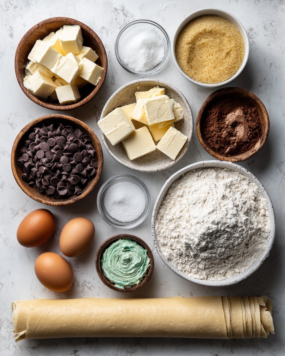 The image shows various baking ingredients arranged neatly on a white marbled surface. There is a round white bowl filled with light beige flour on the right side, next to a smaller white bowl holding golden yellow brown sugar. Above those, a white bowl contains several cubes of pale yellow butter. To the left, a wooden bowl holds white chocolate pieces, while below it, another wooden bowl is filled with dark brown chocolate chips. Three small glass containers hold white sugar, salt, and baking powder, all placed nearby. Two brown eggs are positioned centrally, just above a small white bowl with greenish pistachio butter. A rolled sheet of light beige phyllo dough lies horizontally at the bottom of the layout. Photo taken with an iphone --ar 4:5 --v 7