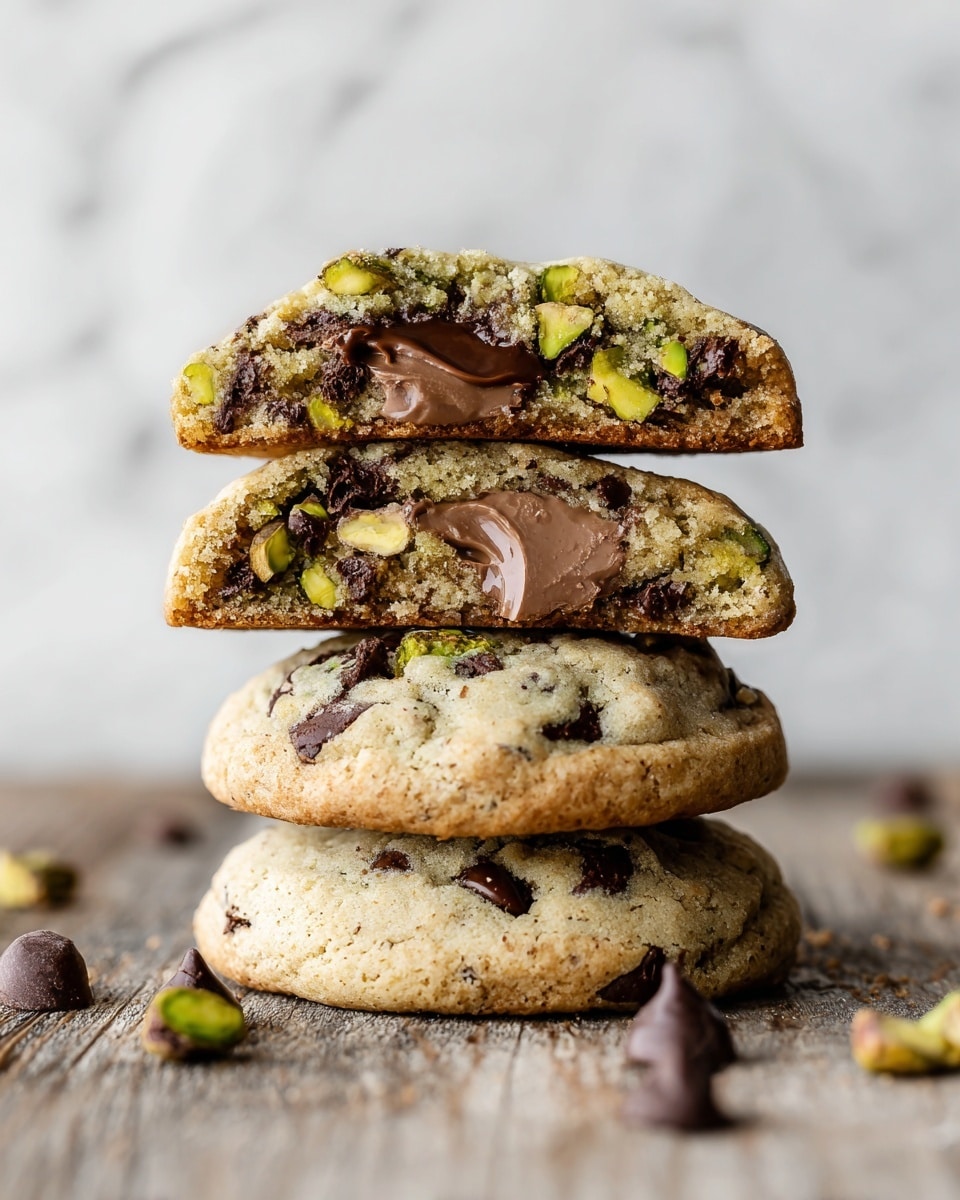 A stack of four thick cookies sits on a wooden surface with a white marbled background. The bottom three cookies are whole, golden brown with a slightly rough texture and some visible dark chocolate chips and small green pistachio pieces embedded. The top cookie is broken in half and placed on the stack, revealing a creamy, light brown, smooth filling mixed with melted chocolate chunks and pistachio bits inside. Loose chocolate chips and pistachio pieces are scattered around the stack. photo taken with an iphone --ar 4:5 --v 7