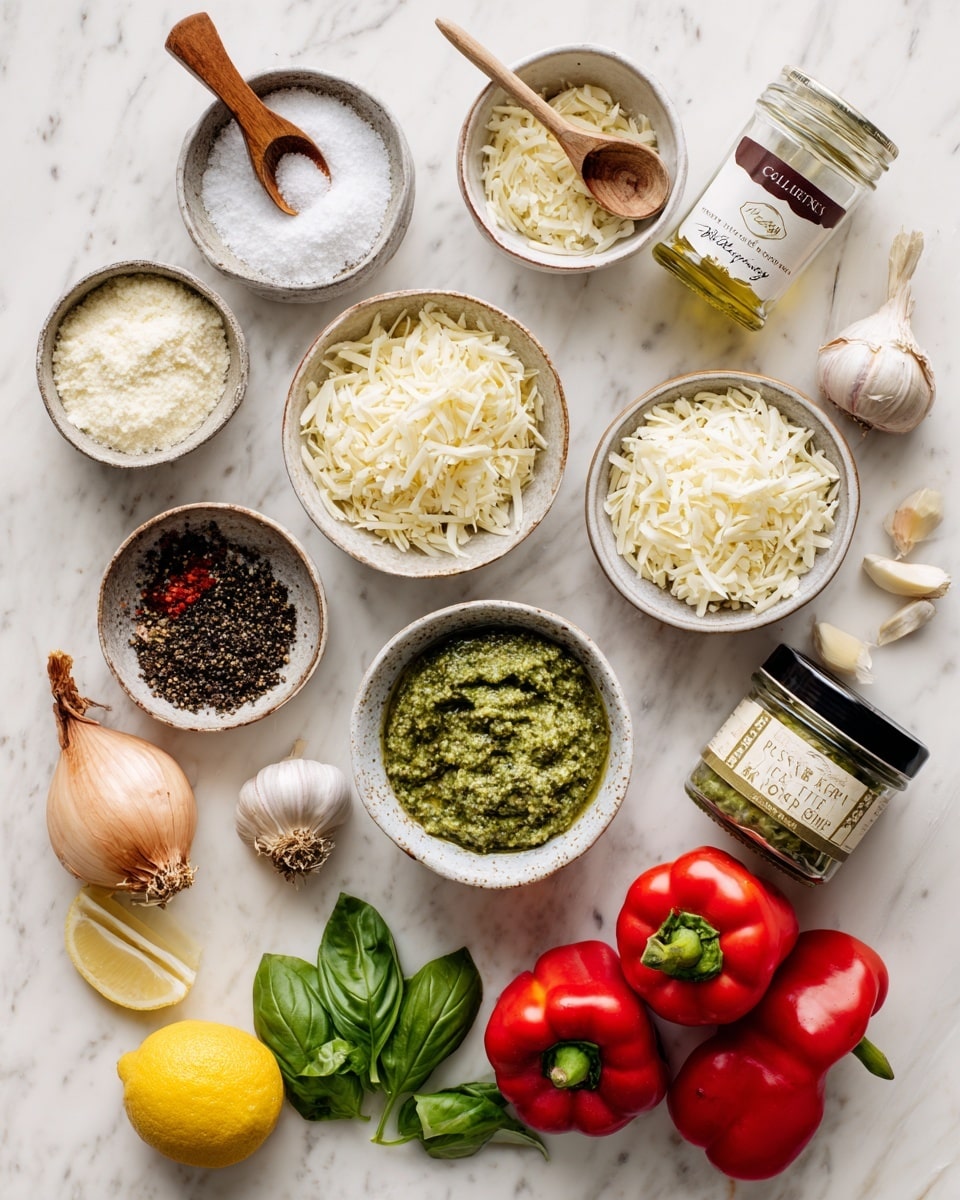The image shows an overhead view of various fresh ingredients arranged neatly on a white marbled surface. There are seven small bowls placed in a circle with different contents: white salt with a wooden spoon on top, black pepper also with a wooden spoon, shredded white cheese, crumbled white cheese, small pale yellow pasta, and bright green pesto sauce. Around the bowls, there are fresh red cherry tomatoes in a clear bowl, three whole red bell peppers with green stems, a wedge of lemon, a bulb of garlic, a shallot, a small glass jar labeled