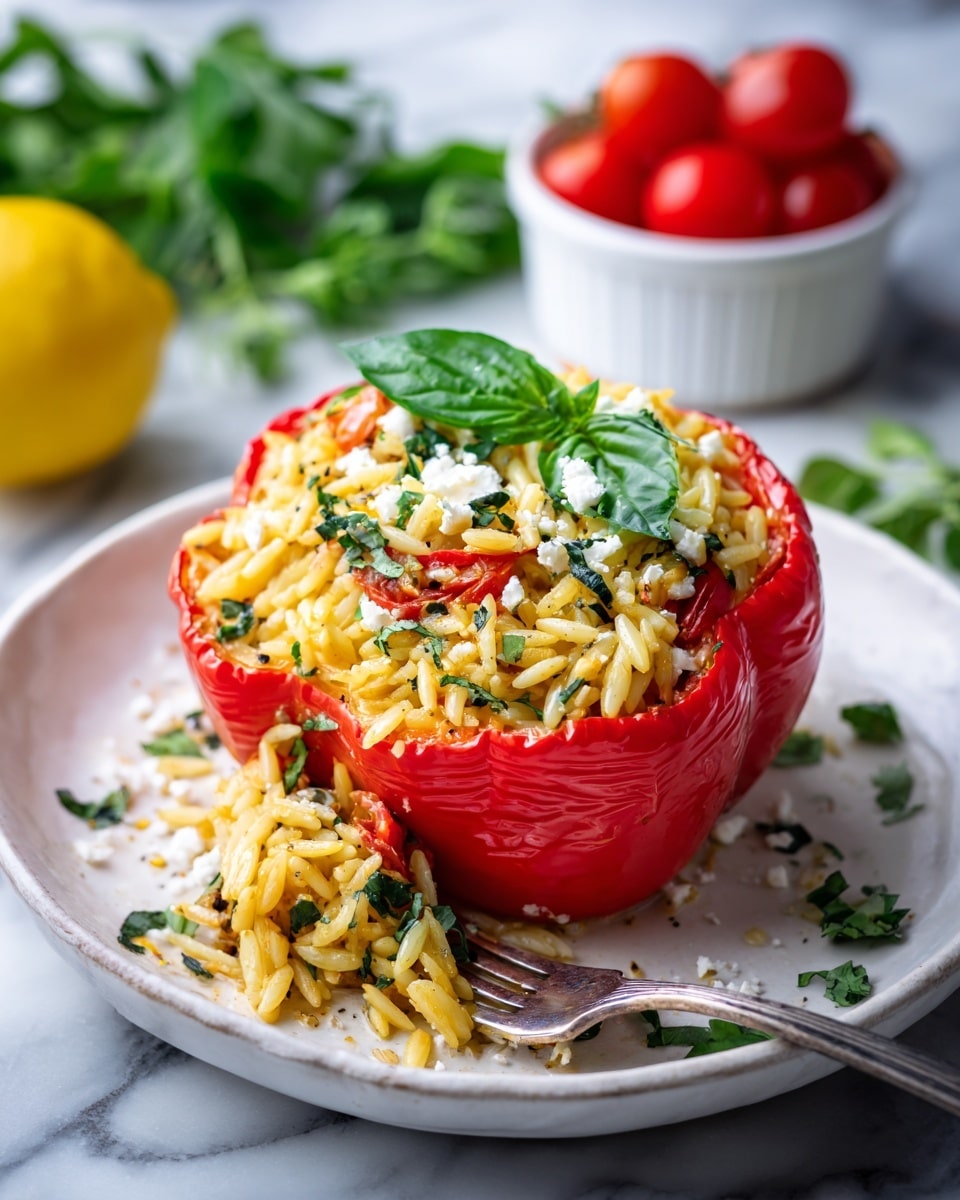 A halved bright red bell pepper lies on a white plate, filled with a heap of yellowish orzo pasta mixed with herbs and seasoning. The orzo has a slightly shiny texture, giving it a cooked and saucy appearance. On top, crumbles of white cheese are sprinkled, some falling onto the plate. A fresh, dark green basil leaf is placed near the open top of the pepper. A silver fork is pressed into the pasta, lifting a portion from inside the pepper. The plate sits on a white marbled surface with fresh green basil leaves, a halved lemon with bright yellow flesh, red cherry tomatoes in a white bowl, and whole red peppers in the background. Photo taken with an iphone --ar 4:5 --v 7