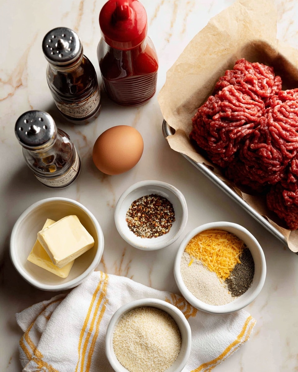 The image shows ingredients laid out on a white marbled surface with a brown paper underneath them. On the right side, there is a tray filled with red raw ground meat with visible texture. Next to it is a brown egg resting on a white cloth with yellow stripes. Toward the bottom left, there are four small white bowls; one bowl has two pieces of pale yellow butter, another has a mix of dry spices in yellow and white colors, the third bowl contains a mix of crushed black, yellow, and red spices, and the fourth bowl is filled with light beige breadcrumbs. In the back, three sauce bottles are arranged vertically: a tall ketchup bottle in red, a dark bottle of A1 steak sauce, and a smaller dark bottle of Worcestershire sauce. photo taken with an iphone --ar 4:5 --v 7