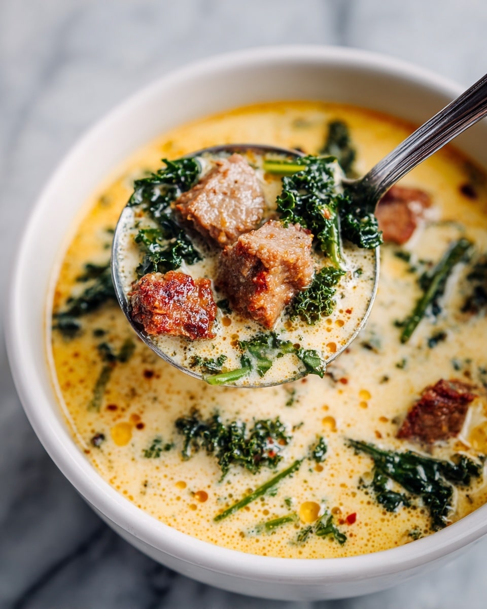 The image shows a close-up of creamy soup with three main layers. The base layer is a smooth creamy broth with light yellow and orange tones, having small oil droplets on the surface. Floating on top are chunks of browned cooked meat and dark green wilted kale pieces, creating a mix of rough and leafy textures. A ladle filled with the soup is held above the soup, showing a focused view of the creamy broth, meat, and kale inside it. The whole scene is set against a white marbled surface. Photo taken with an iphone --ar 4:5 --v 7