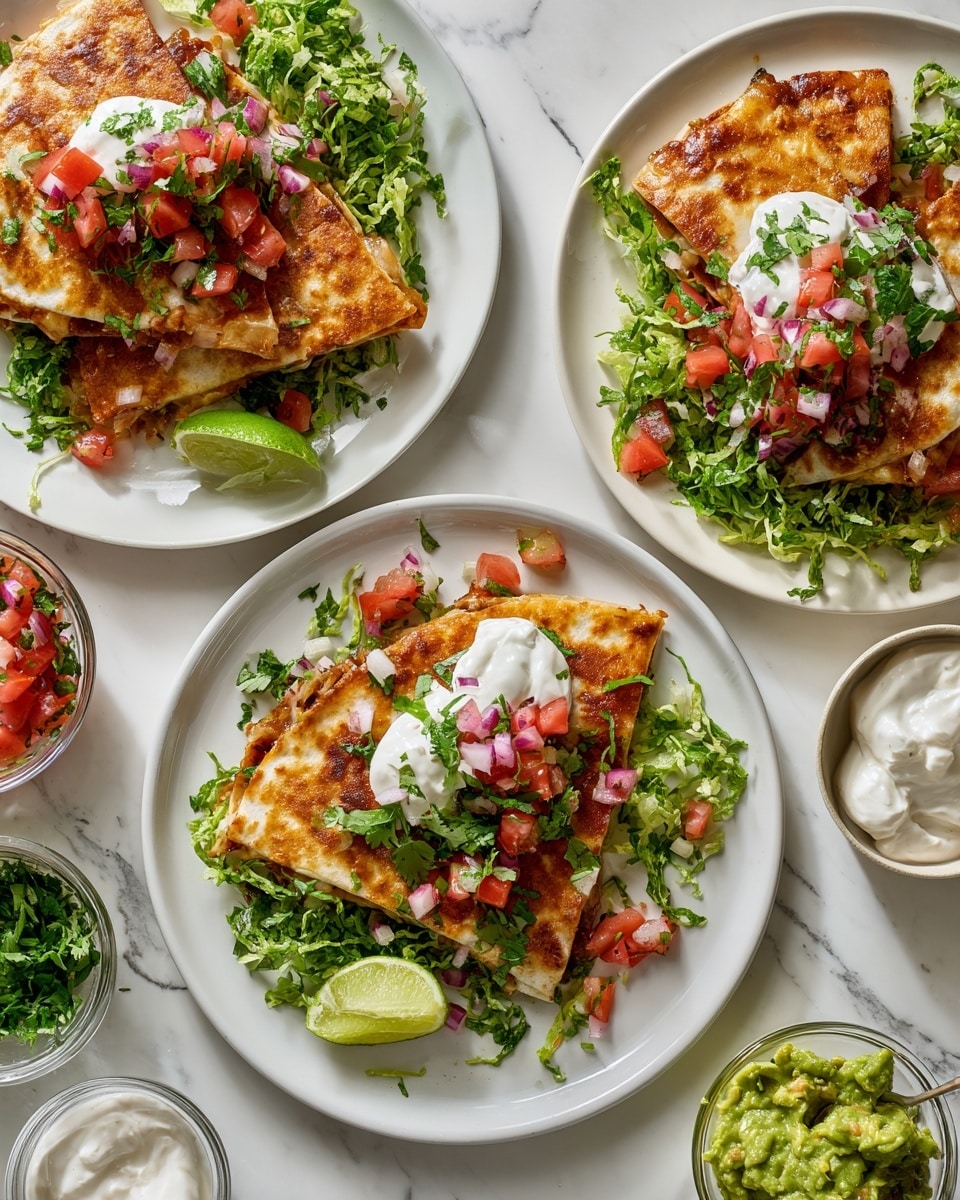 The image shows three white plates on a white marbled surface, each with folded golden-brown quesadillas arranged on a bed of green shredded lettuce. Each quesadilla is topped with a dollop of white sour cream and a colorful mix of chopped red tomatoes, red onions, and green herbs. On one plate, a green lime wedge rests at the edge, and a small serving of chunky green guacamole sits beside the quesadillas. In the background, there are clear bowls filled with guacamole, tomato salsa, and sour cream. The overall scene is bright and fresh, with a focus on the varied textures and vibrant colors of the food. photo taken with an iphone --ar 4:5 --v 7