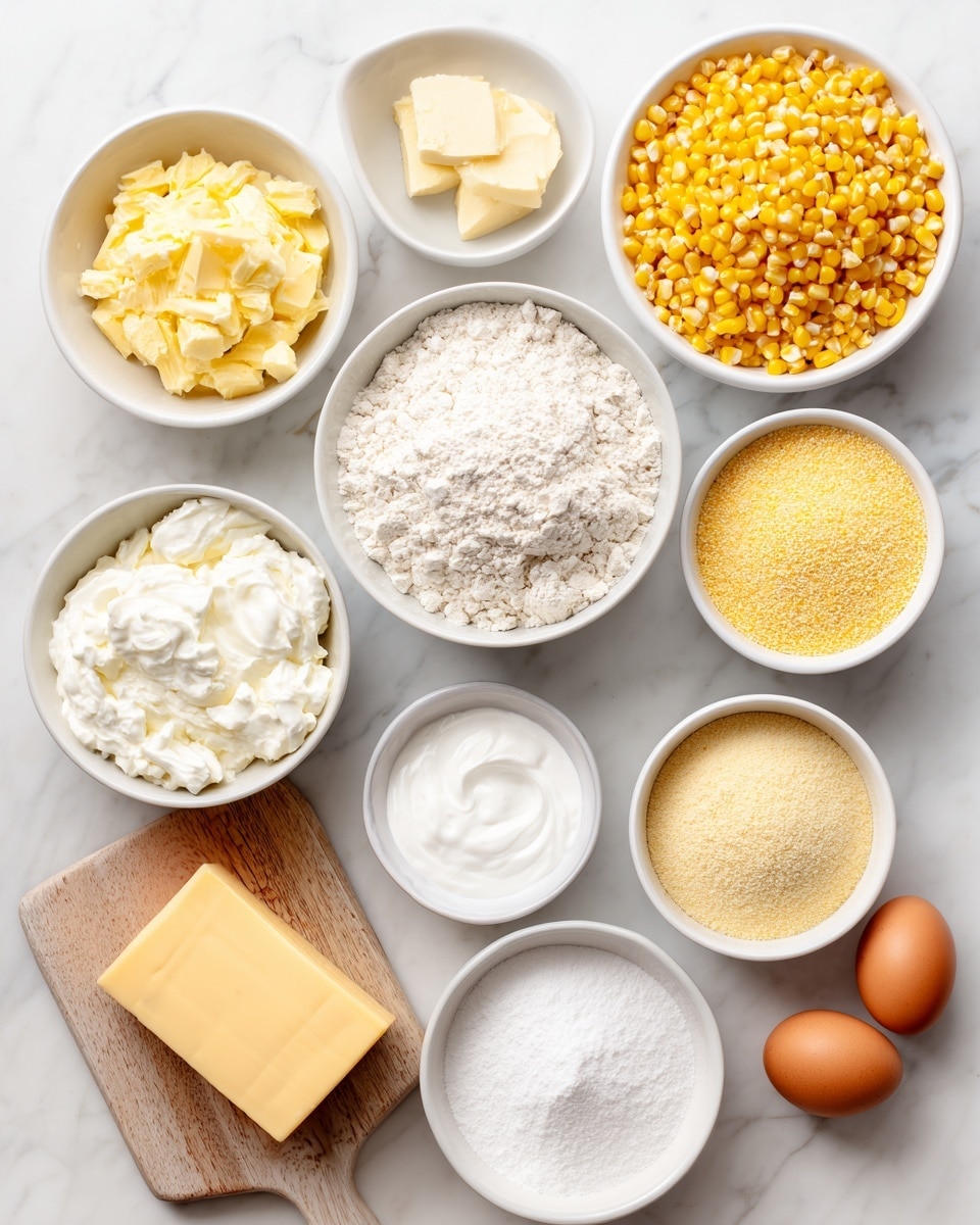 The image shows 11 white bowls arranged neatly on a white marbled surface, each filled with different baking ingredients. There are two whole eggs placed together near the top right. A bowl of bright yellow corn kernels is at the top left, next to a bowl of creamy yellow creamed corn. Below them, a bowl of white flour is front and center. To the right of the flour, there is pale yellow cornmeal in a bowl and a small amount of light yellow butter. At the bottom left is a small wooden board holding sharp cheddar cheese in a block. Near the bottom center are bowls containing sour cream, white sugar, salt, and baking powder. Each ingredient's texture or color stands out clearly against the white bowls and white marbled surface. photo taken with an iphone --ar 4:5 --v 7