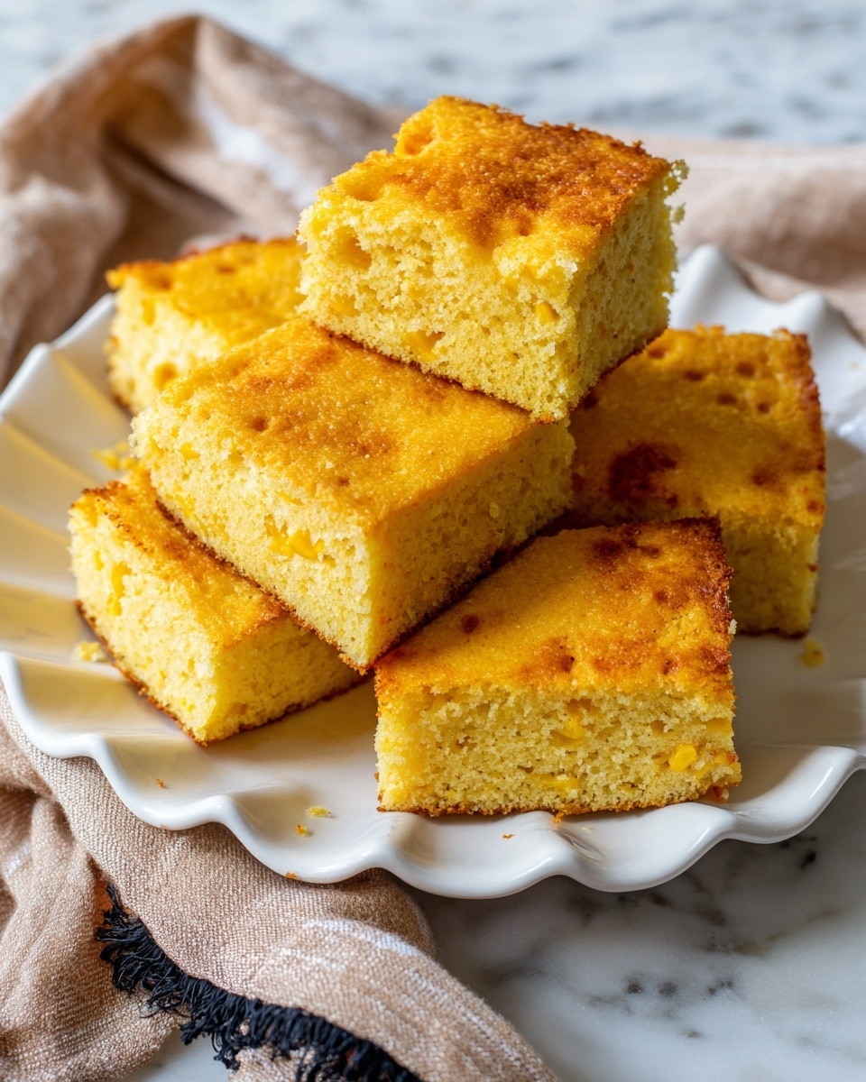 The image shows five square pieces of golden yellow cornbread with a slightly crumbly texture on top, placed close together on a white plate with a wavy edge design. The cornbread squares have a lightly crisp outer surface with small brown spots and a soft, moist inside. The plate sits on a white marbled surface, with a light brown cloth with black trim partially visible in the bottom left corner. The arrangement looks inviting and homely, with warm colors dominating the scene. photo taken with an iphone --ar 4:5 --v 7
