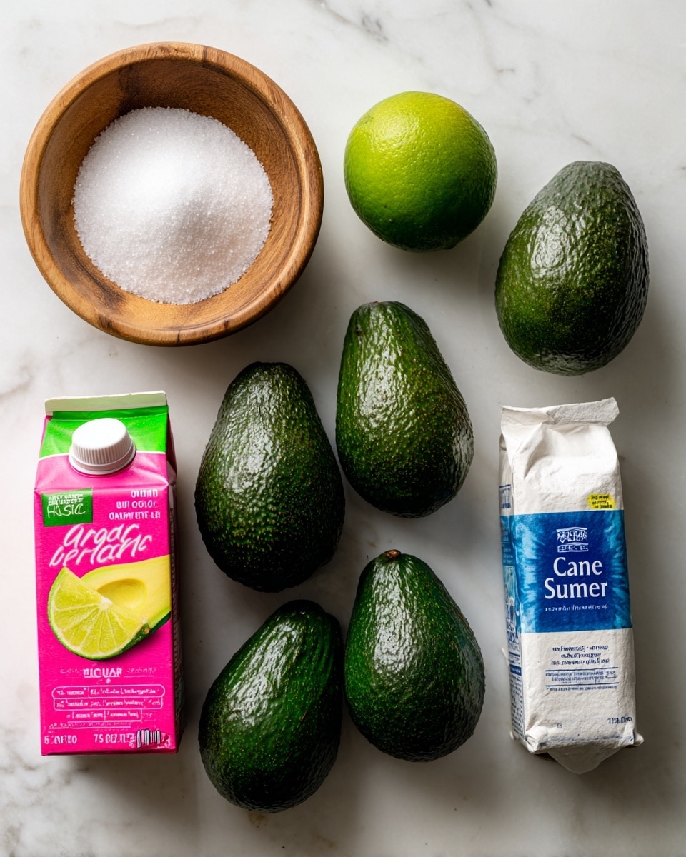 The image shows six items neatly arranged on a white marbled surface. On the top left is a small wooden bowl filled with white salt, and to its right, a whole green lime with a smooth shiny texture. Below the salt, three dark green avocados with bumpy skin are grouped together. To the right of the avocados, there is a small carton of heavy cream with light blue, yellow, and white colors on its packaging. Below the avocados, a pink and green carton of organic whole milk stands upright, and to its right, a blue and white bag of cane sugar is placed flat on the surface. Each item is labeled with black text on white backgrounds. photo taken with an iphone --ar 4:5 --v 7