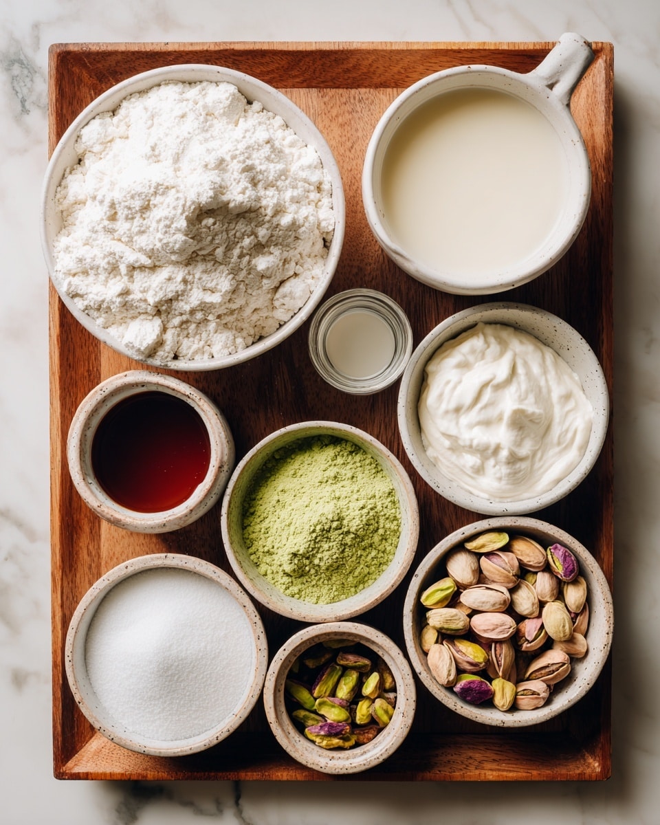 The image shows eight small white bowls placed on a wooden tray, each holding different ingredients. The top left bowl is filled with a large amount of white flour with a soft, powdery texture. To its right, a bowl contains a smooth, creamy white liquid. Next to it, a smaller bowl holds a clear, light liquid. Below, a bowl is filled with a dark reddish-brown liquid. The bottom left bowl contains fine white granulated sugar. In the middle, a bowl holds a bright green powder, while next to it, a smaller bowl has a pile of white powder, likely baking powder. Below, the smallest bowl contains a dark green liquid. Finally, the bottom right bowl is filled with shelled pistachio nuts in light green and purple tones. The whole set sits on a wooden tray, with a white marbled background visible behind. photo taken with an iphone --ar 4:5 --v 7