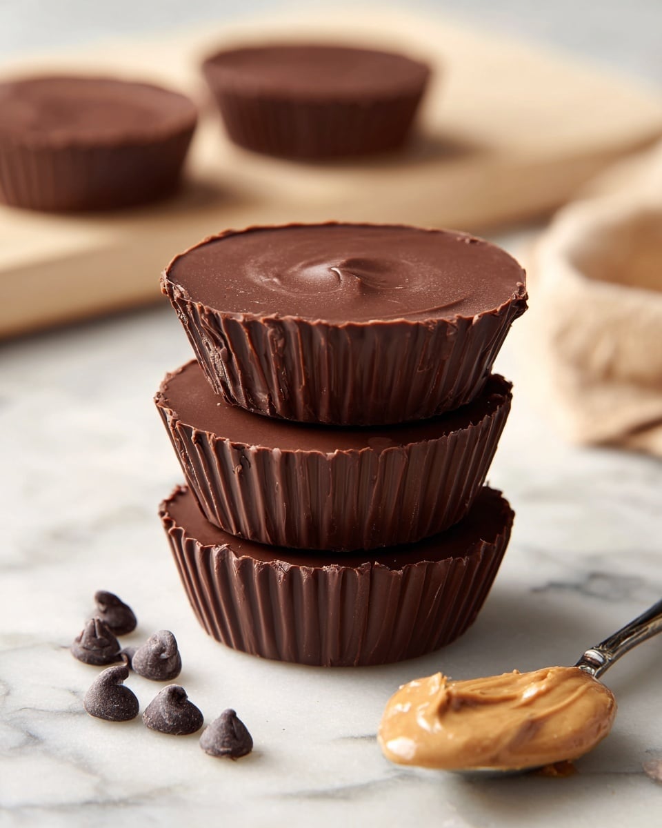 The image shows a stack of three dark brown chocolate cups with smooth, shiny tops and ridged sides, placed on a white marbled surface. Each cup has a thick chocolate layer forming its base and rim, with the top layer perfectly even and glossy. Surrounding the stack on the white marbled surface are scattered small dark chocolate chips and a spoon with creamy light brown peanut butter on it. In the background, there are two more chocolate cups laid flat on the same surface and a light wooden cutting board peeking out on the right side. Photo taken with an iphone --ar 4:5 --v 7