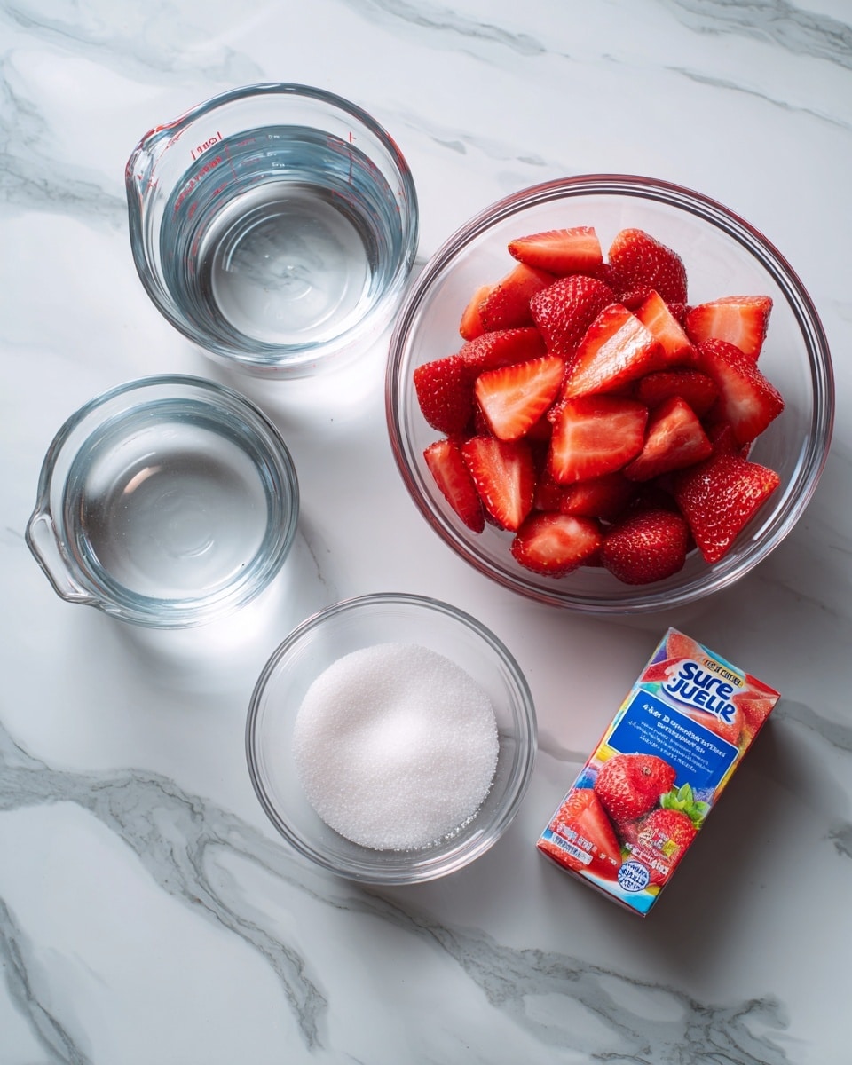 The image shows four items on a white marbled surface arranged neatly. At the top right, there is a clear glass bowl filled with bright red, fresh strawberries, sliced into uneven pieces. To the top left, a small glass measuring cup holds clear water. Below the strawberries, there is another clear glass bowl filled with white granulated sugar, showing a smooth texture from above. To the bottom right, a small colorful box of Sure Jell, displaying fruit pictures and text, rests directly on the surface. Each item is clearly separated, and the background is simple and clean. photo taken with an iphone --ar 4:5 --v 7