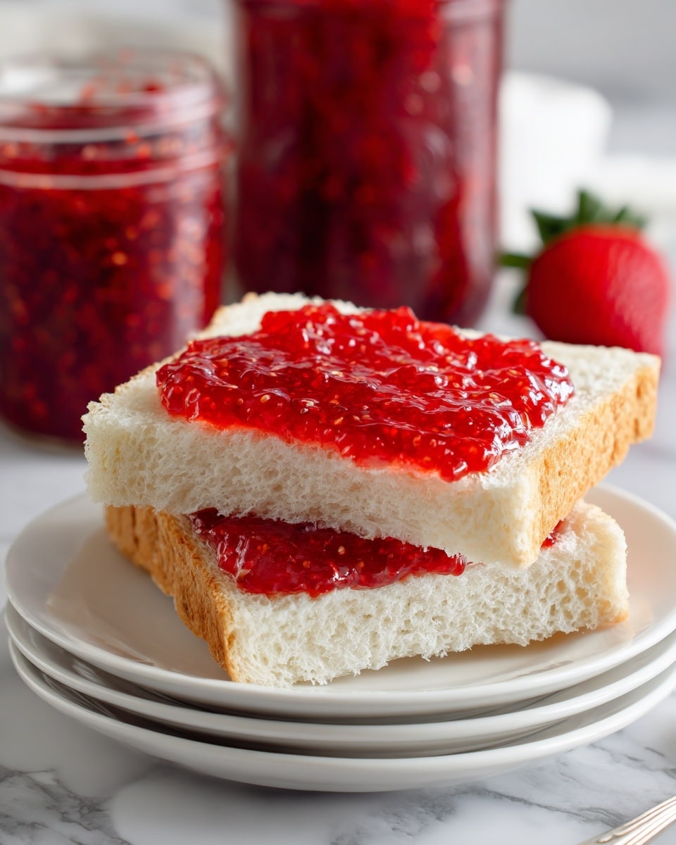 A close-up view of two thick slices of white bread placed on a stack of white plates with a layer of bright red strawberry jam spread on the top slice, showing a shiny and chunky texture. Behind the plates, there are glass jars filled with the same vivid red jam, and a fresh whole strawberry is slightly out of focus, adding a natural touch. The scene is set on a white marbled surface, emphasizing the bright colors of the jam and strawberry, creating a fresh and inviting look photo taken with an iphone --ar 4:5 --v 7