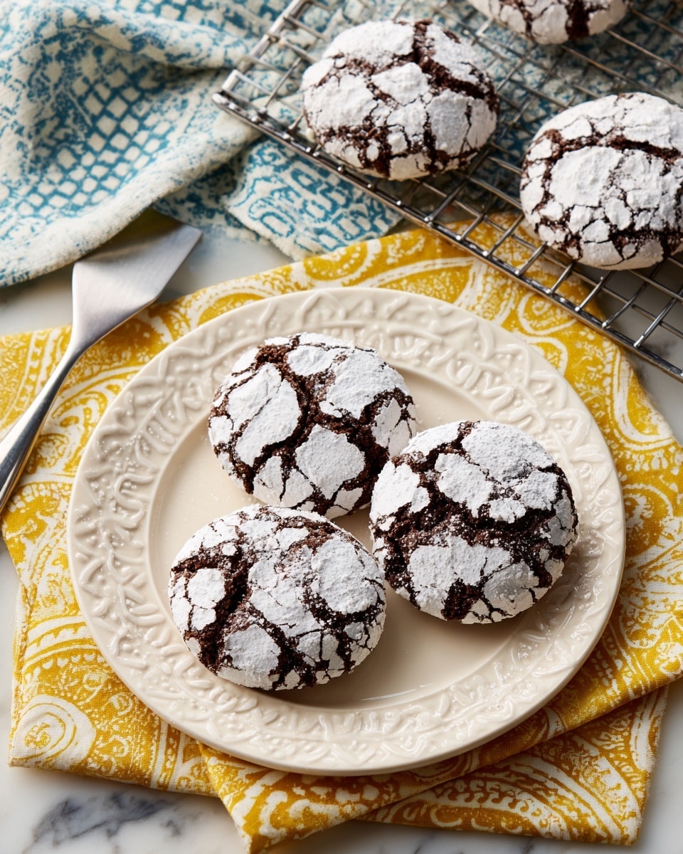 There are three round chocolate crinkle cookies on a white plate with delicate raised patterns on the edge, each cookie covered mostly in white powdered sugar with dark cracks showing underneath. The plate sits on a folded yellow cloth with a white paisley pattern, which is placed over a blue-and-white checkered cloth. Above and behind the plate, a wire cooling rack holds eight more cookies on the same yellow cloth. A large silver spatula rests to the left on the blue-and-white cloth. The whole scene is on a white marbled surface. photo taken with an iphone --ar 4:5 --v 7