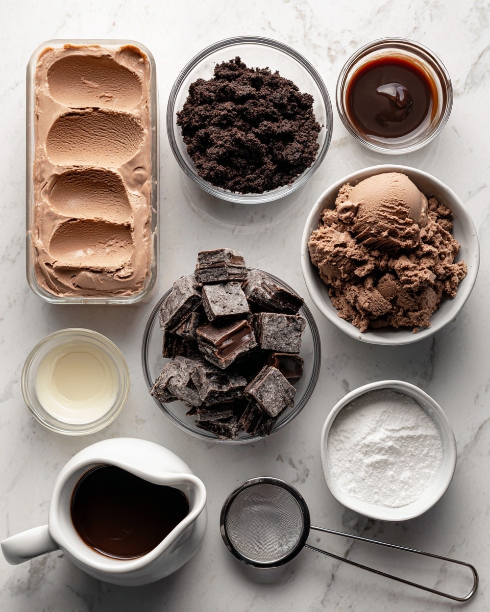 The image shows several ingredients arranged neatly on a white marbled surface. There are two rectangular containers of chocolate ice cream with a smooth, creamy texture placed side by side at the bottom left. Above them, a small glass bowl holds dark, crumbly brownie pieces, while next to it is a bowl filled with finely crushed chocolate Oreos that look dark and crumbly. A smaller bowl contains medium-sized chocolate chunks, cube-shaped with a slightly powdery texture on the surface. A small measuring cup with clear vanilla liquid and a white bowl with powdered sugar and a metal sieve rest near the bottom right. A small glass jar of hot fudge sauce looks thick and dark beside it. There is a small amount of melted butter in a white bowl at the top, and a small white pitcher holds rich chocolate syrup with a glossy finish on the left. The ingredients are spaced well, showing off the different textures and rich brown and white colors clearly. photo taken with an iphone --ar 4:5 --v 7