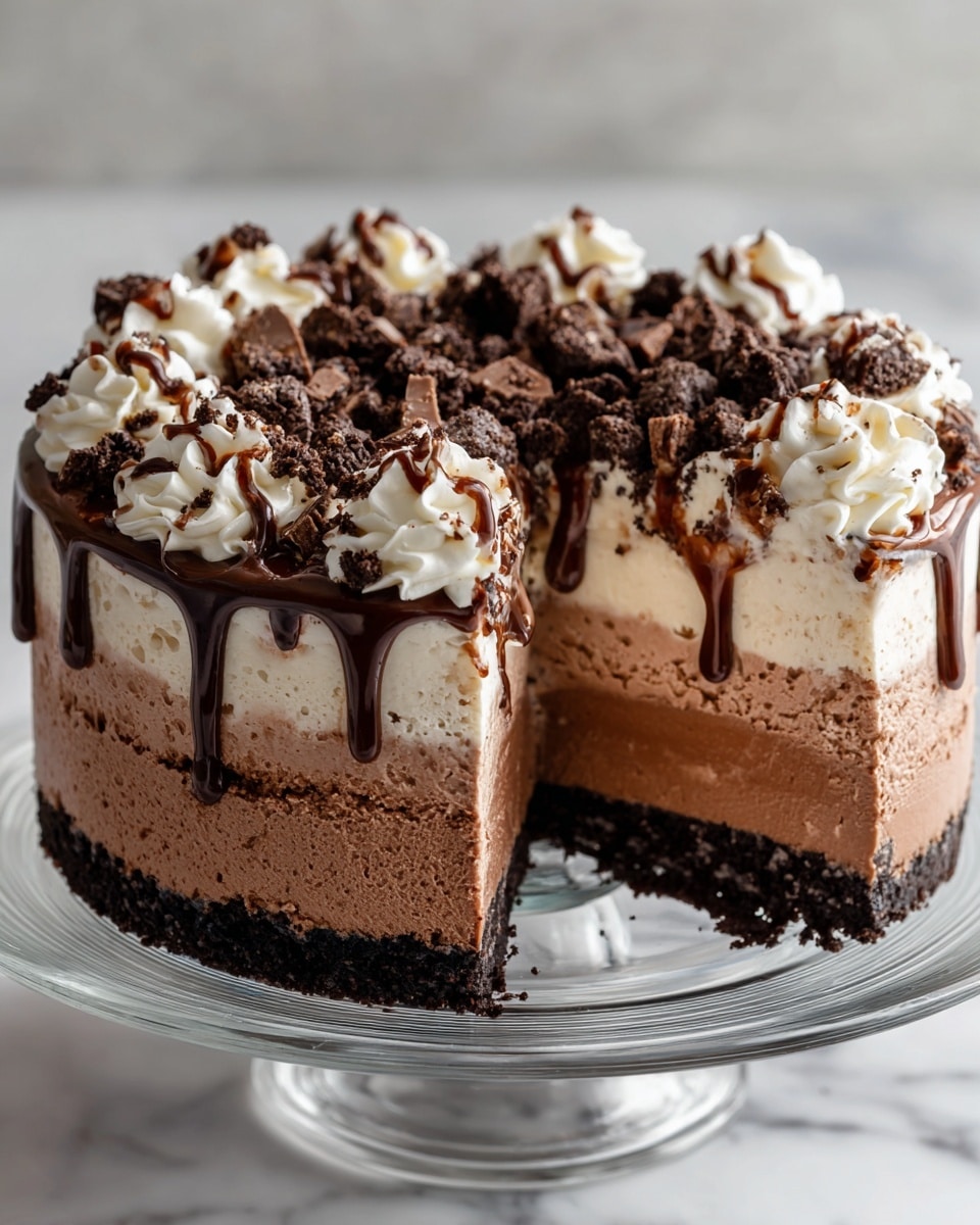 This image shows a chocolate ice cream cake on a clear glass plate, placed on a white marbled surface. The cake has three main layers: the bottom and middle layers are smooth chocolate ice cream, with a thin layer of crushed dark cookies and chopped chocolate pieces in between. On top is a thick layer of chocolate ice cream covered with small chunks of chocolate cake and drizzled with chocolate syrup. The cake is decorated around the edge with white whipped cream swirls that also have chocolate syrup drizzled on them. A slice has been taken out, revealing the inside layers clearly. Photo taken with an iphone --ar 4:5 --v 7