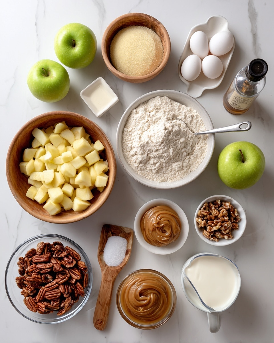 A white marbled surface holds several baking ingredients arranged neatly: a clear bowl filled with 4 cups of small pale yellow apple pieces near two whole green apples, a wooden bowl with 3 cups of white flour with a metal scoop resting in it, a small white rectangular container with 3 white eggs, a glass cup filled with smooth light brown dulce de leche, a round glass bowl with 2/3 cup of light brown sugar, a small wooden bowl holding 2 teaspoons of white baking soda, a glass measuring cup with 2 tablespoons of heavy cream, a small white bowl with 1 cup of chopped dark brown pecans, a wooden bowl with 1 1/3 cups of white sugar, a small white bowl of coarse salt with a small wooden spoon, a white spoon with 2 teaspoons of apple pie spice powder, a clear glass measuring cup filled with pale yellow oil, and a small dark bottle of vanilla extract with a white cap labeled 2 teaspoons. photo taken with an iphone --ar 4:5 --v 7
