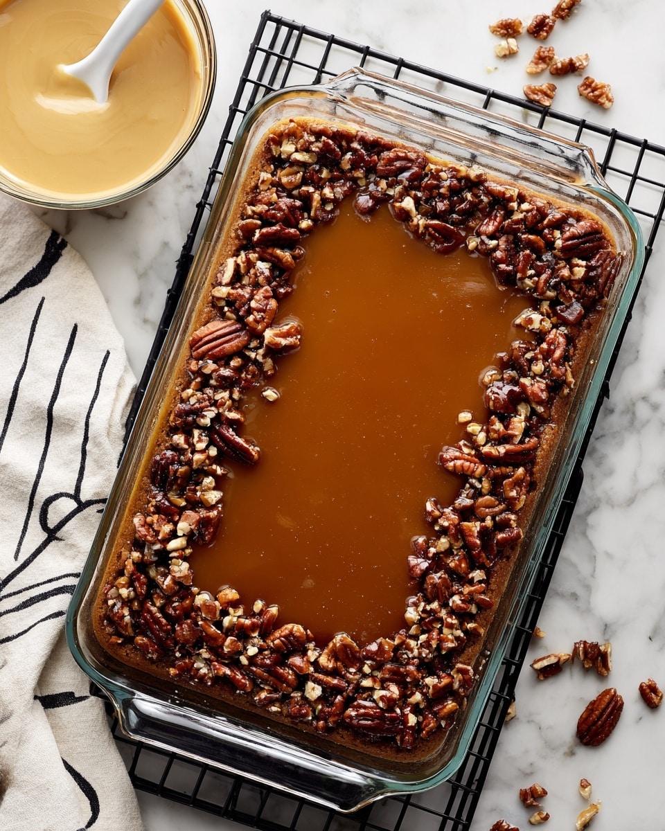 A rectangular glass baking dish holds a cake with three visible layers: the bottom layer is light brown and firm, the middle layer is a smooth, medium brown caramel sauce, and the top is a shiny thick caramel glaze. Around the edge of the caramel glaze, there is a ring of chopped pecans scattered evenly, showing a mix of brown and tan colors with rough textures. The dish sits on a black metal cooling rack over a white marbled surface. In the top left corner, there is a glass bowl with light tan creamy sauce and a white spoon inside. A white cloth with a black abstract line design is partially visible in the bottom left corner. Photo taken with an iphone --ar 4:5 --v 7