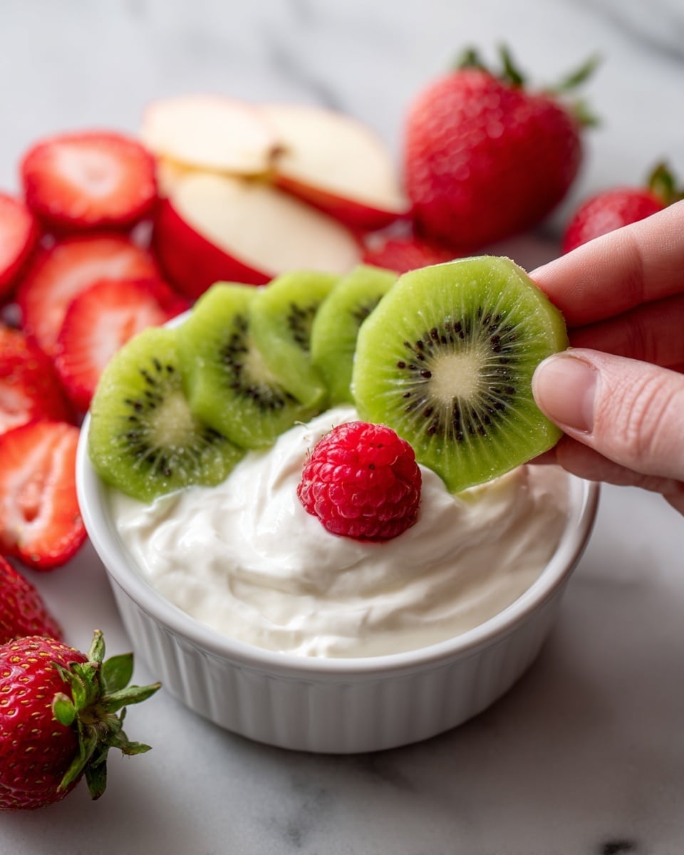 A white small bowl filled with creamy white yogurt in the center, topped with one bright red raspberry on the right side and surrounded by slices of green kiwi and red strawberries. A woman's hand is holding and dipping one slice of green kiwi with black seeds into the yogurt on the left side of the bowl. The background has more pieces of sliced red apple and green kiwi, all placed on a white marbled surface. The image has a close-up view showing fresh, juicy fruits and smooth yogurt texture. photo taken with an iphone --ar 4:5 --v 7