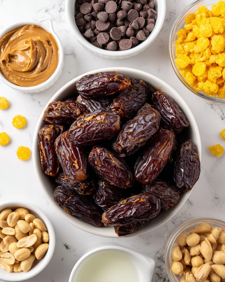 A large white bowl filled with dark brown, wrinkled dates sits in the center on a white marbled surface. Surrounding it are five small white ramekins: one with smooth, light brown peanut butter in the top left, one with small dark brown chocolate chips in the top right, one with yellow round puffed cereal in the bottom left, one with light brown peanuts in the bottom right, and the smallest ramekin at the bottom center holds white coconut oil with a soft texture. photo taken with an iphone --ar 4:5 --v 7