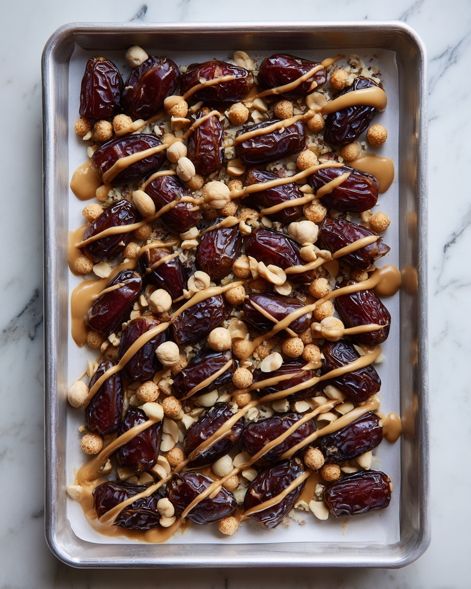 This image shows a metal tray lined with white parchment paper, filled with a single layer of dark brown, glossy halved dates evenly spread out. Over the dates is a light tan sauce drizzled randomly in thin and thick lines. Scattered across the top are small round beige puffed cereal balls and a handful of lightly roasted peanuts, adding texture and contrast to the smooth sauce and sticky dates. The tray sits on a white marbled surface. photo taken with an iphone --ar 4:5 --v 7