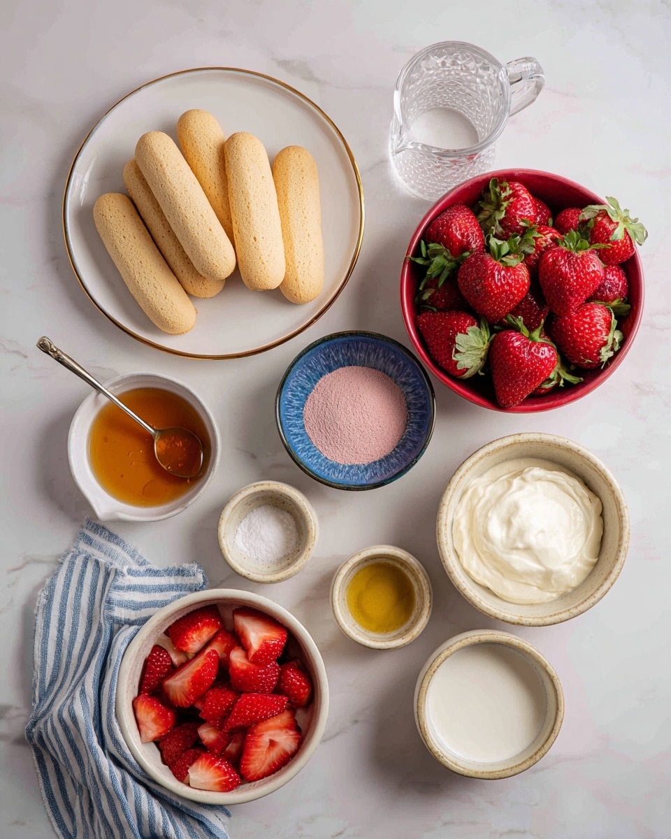 The image shows different ingredients neatly arranged on a white marbled surface. There is a white plate with a gold rim piled with light brown ladyfinger biscuits at the top left. To the right, a red bowl is full of fresh, whole bright red strawberries with green leaves. Next to it is a small blue bowl containing fine pink powder. Below the strawberries and powder, there are several small white bowls containing different liquids: one with amber honey, one with a small bit of vanilla extract, and another with a small amount of golden syrup, along with a tiny bowl of white salt. A larger beige bowl on the right holds creamy white mixture, and a smaller beige bowl below contains smooth, white cream cheese. At the bottom left, there is a white bowl with a striped blue cloth underneath filled with chopped red strawberries. A glass jug with clear liquid is also placed nearby. The overall layout is clean and colorful, set against a soft white marble surface. photo taken with an iphone --ar 4:5 --v 7