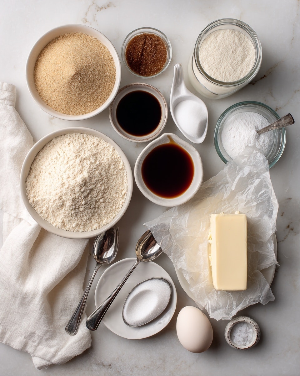 The image shows various baking ingredients arranged neatly on a white marbled surface. There are two bowls filled with light beige powder and brown sugar, a white bowl holding a dark syrup, and a small white bowl with a dark thick liquid. A silver measuring spoon sits nearby, with a block of cream cheese resting on parchment paper beside it. A small plate holds a stick of butter, and there is a white egg lying on a white cloth. A glass container is filled with white powdered sugar, and a glass jar contains a small amount of white liquid. Two silver measuring spoons hold salt and another white powder, all arranged in a clean and organized manner. Photo taken with an iphone --ar 4:5 --v 7