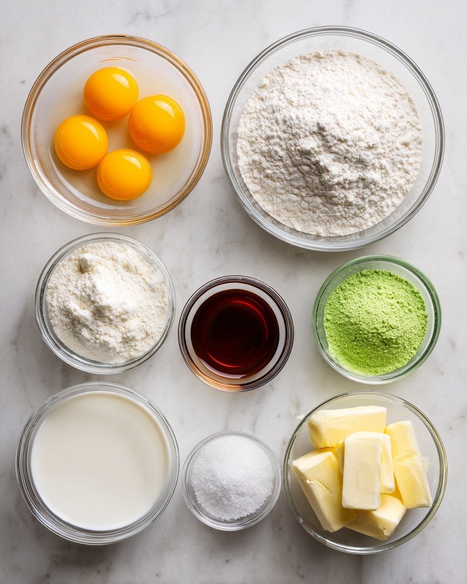 This image shows nine small glass bowls arranged neatly on a white marbled surface. In the top left, a bowl holds four bright orange egg yolks sitting in their liquid. Next to it on the right is a bowl filled with a clear, slightly bubbly liquid egg white. Below these, a large bowl of white flour sits in the center. To the right of the flour bowl are three smaller bowls: one contains dark brown liquid, another has bright green powder, and a very small bowl holds a white powder. On the bottom left side is a medium bowl filled with white milk, and next to it on the right is a bowl with white granulated sugar. Finally, at the bottom center, a small bowl contains several slices of pale yellow butter. The image is well lit, with the bowls showing clear textures of each ingredient. photo taken with an iphone --ar 4:5 --v 7