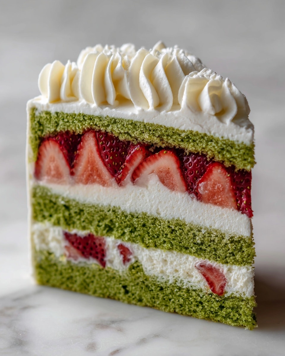 The image shows a close-up of a slice of layered cake on a white marbled surface. From bottom to top, the first layer is a green sponge cake with a soft and airy texture. Above this is a thick layer of white cream with pieces of bright red strawberry showing through. Next, there is another green sponge cake layer that looks fluffy. The top layer is a generous amount of smooth white cream piped in a decorative and wavy pattern. The colors contrast nicely with green, red, and white creating a fresh and appetizing look. Photo taken with an iphone --ar 4:5 --v 7