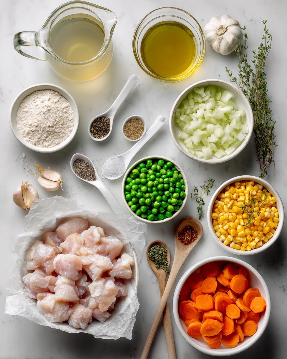 A flat lay of various fresh cooking ingredients arranged in small white bowls and spoons on a white marbled surface. In the center, there is a white bowl lined with parchment paper holding raw chicken pieces that are light pink and chunky. Surrounding it clockwise are a white bowl of bright green frozen peas, a small glass container of golden yellow olive oil, three white measuring spoons with dark spices labeled pepper and dried basil, a white bowl of diced white onions, a small mound of light beige whole wheat flour, a white bowl of light green celery slices, three pale garlic cloves placed near the celery, a white bowl filled with vibrant yellow frozen corn kernels, a white bowl of round orange carrot slices, and two wooden spoons holding small dried green herbs labeled thyme and parsley. Near the carrots, there are two white measuring spoons with salt and dried rosemary. On the left side is a clear pitcher filled with light golden chicken broth and a small clear jug with white milk. All items are neatly arranged with distinct colors and textures visible. Photo taken with an iphone --ar 4:5 --v 7