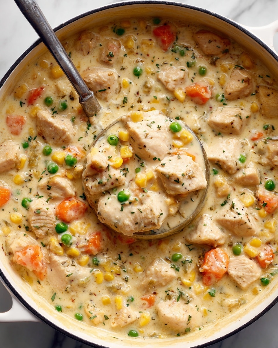 The image shows a creamy stew with many chunks of light beige chicken pieces spread evenly throughout a thick, pale yellow sauce. Mixed inside are bright orange carrot slices, green peas, and yellow corn kernels, adding splashes of color against the creamy base. A large metal ladle is scooping a generous portion of the stew, displaying the chunky texture and colorful vegetables well. The background is a smooth white marbled texture visible around the edges of the white pot containing the dish. photo taken with an iphone --ar 4:5 --v 7