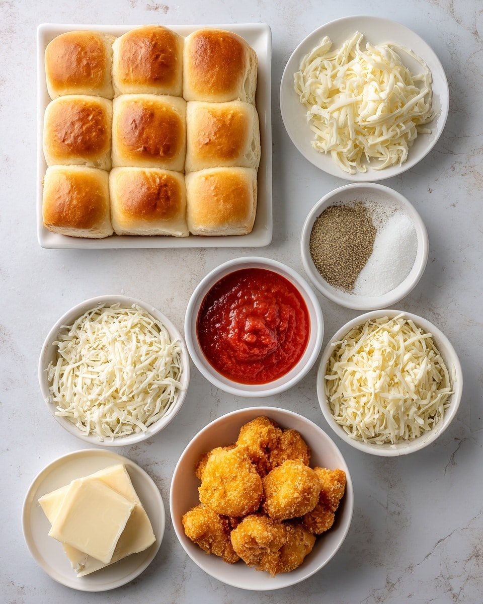 The image shows a white marbled surface with several white dishes holding different ingredients neatly arranged. On the top left, there is a square white plate with a 3x3 grid of soft golden brown Hawaiian rolls. To its right, a small white bowl filled with bright red marinara sauce sits. Below the marinara sauce, a small white dish with coarse Italian seasoning is placed next to a small white bowl of white garlic powder. Below the garlic powder, a pile of grated white Parmesan cheese rests in a small white bowl. To the left of the Parmesan, there is a small white bowl filled with shredded white mozzarella cheese. Below the mozzarella, a few pats of pale yellow butter lie on a small white plate. On the bottom right, a white bowl holds several orange-golden breaded chicken nuggets. The whole setup is neat and clean with the different colors and textures well separated. Photo taken with an iphone --ar 4:5 --v 7