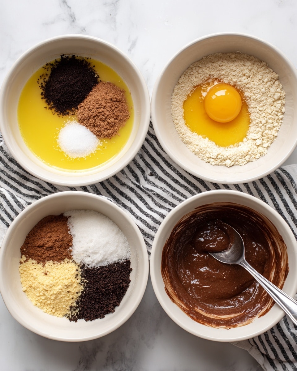 The image shows four stages of mixing a chocolate batter in a white bowl placed on a white marbled surface with a black and white striped cloth underneath. The first stage displays a clear layer of melted butter, bright yellow and smooth, filling the bowl. The second stage adds multiple dry ingredients on top of the butter: dark brown cocoa powder, white sugar, almond flour with a beige tint, and some white powder, arranged separately but close. The third stage adds a raw egg yolk, shiny and golden, resting with the dry ingredients atop the butter layer. The last stage shows the batter fully mixed into a smooth, thick dark brown mixture with a metal spoon inside the bowl. photo taken with an iphone --ar 4:5 --v 7