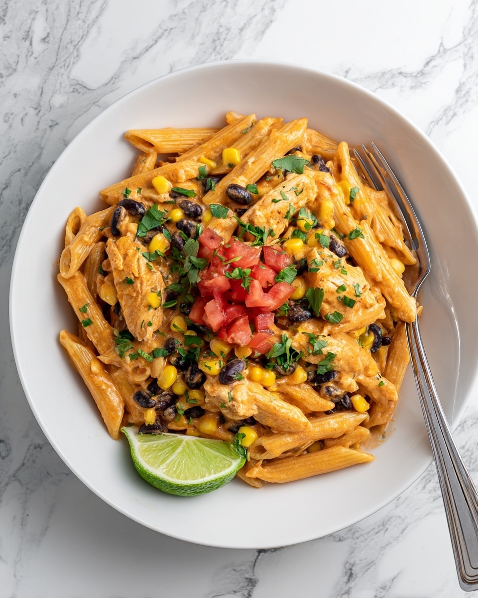 A white plate filled with a creamy pasta dish made of three main layers: the bottom layer is penne pasta covered evenly in a light orange creamy sauce; the middle layer includes pieces of cooked chicken, yellow corn kernels, and black beans mixed throughout; the top layer shows fresh chopped green herbs scattered across with a small pile of red diced tomatoes placed in the center and a wedge of green lime resting on the side near the edge of the plate, all on a white marbled surface with a silver fork placed near the top right of the plate photo taken with an iphone --ar 4:5 --v 7