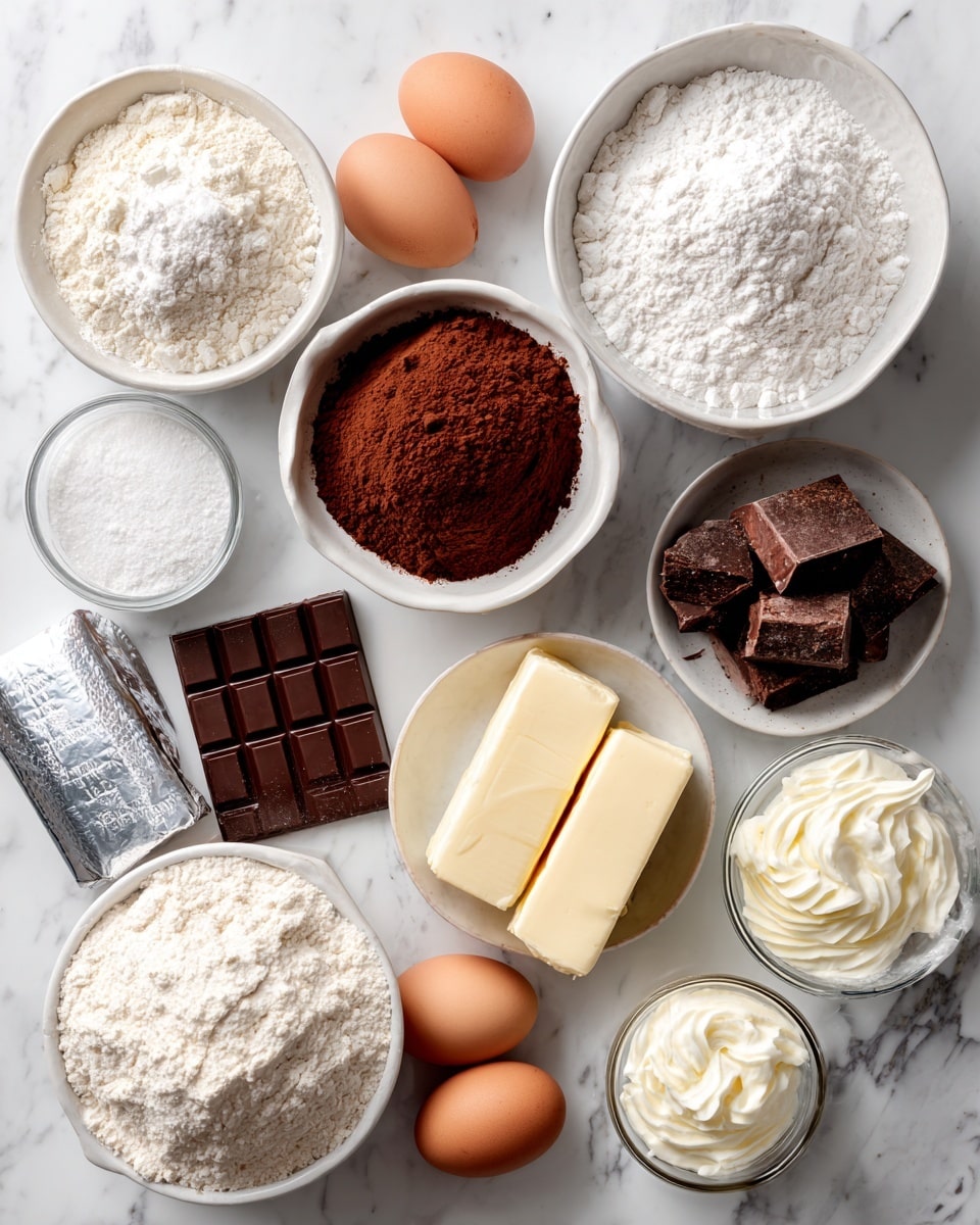 The image shows various baking ingredients neatly arranged on a white marbled surface. There are two white bowls filled with all-purpose flour and powdered sugar, a small white bowl with granulated sugar, another with cocoa powder, and chunks of chocolate in a small white bowl. Three brown eggs are placed near the center along with a stick of shortening wrapped in silver foil, two sticks of salted butter unwrapped, and two glass measuring cups filled with whipping cream. There is a small amount of white salt in a tiny container, and a small cup of vanilla extract. Each ingredient is labeled clearly with black text on white background. The overall layout is clean and organized, showing all ingredients separately without mixing. Photo taken with an iphone --ar 4:5 --v 7