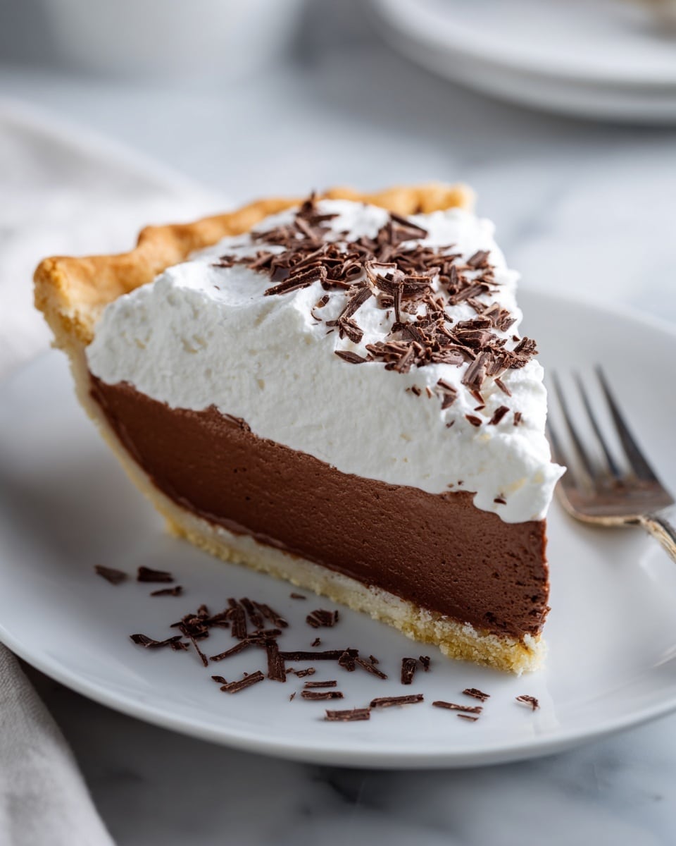 A slice of pie with three visible layers sits on a white plate over a white marbled surface. The bottom layer is a light tan crust with a slightly rough texture. Above that is a thick, smooth, and dense medium brown chocolate filling that fills most of the slice. The top layer is a fluffy, white whipped cream, spread evenly and generously. Dark brown chocolate shavings are scattered across the whipped cream and on the plate around the slice. A silver fork rests on the right side of the plate. Photo taken with an iphone --ar 4:5 --v 7