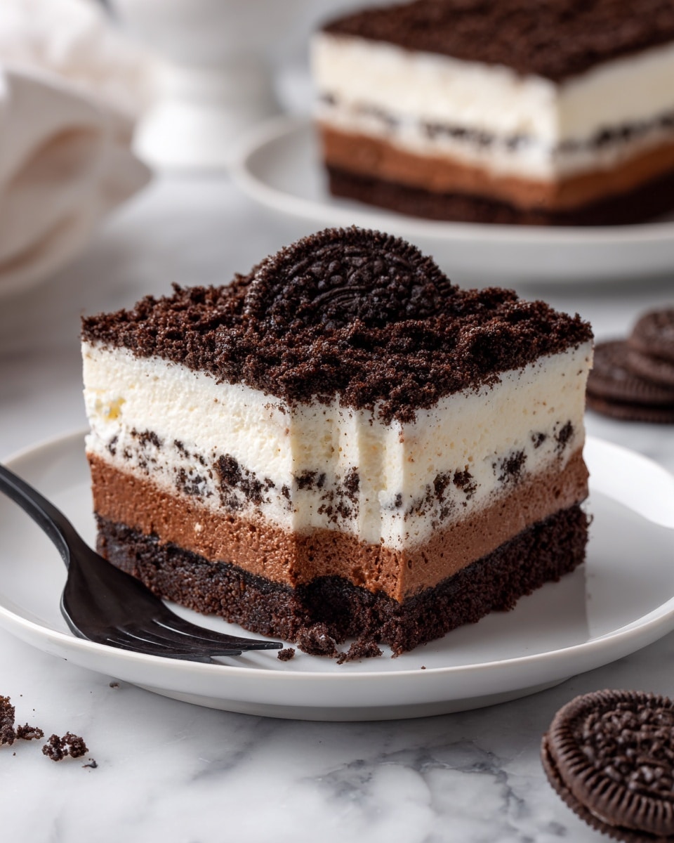 The image shows a square slice of a layered dessert on a white plate with a white marbled surface. The dessert has five visible layers: the bottom layer is a dark, crumbly chocolate base, above it is a white creamy layer with cookie bits embedded, then a thick middle layer of smooth chocolate mousse, followed by another thick white creamy layer, and finally topped with a dense layer of chocolate cookie crumbs. The layers are even and clean, with the cookie bits in the white layers adding texture. In the background, other similar slices and whole cookies are blurred out. Photo taken with an iphone --ar 4:5 --v 7