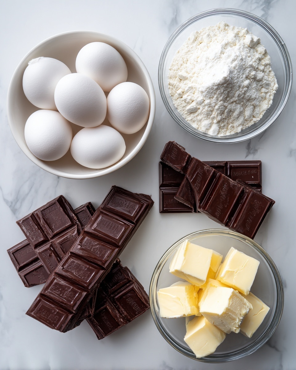 The image shows raw baking ingredients placed on a white marbled surface. There are five main elements: a white bowl with four white eggs positioned at the bottom left, a clear glass bowl with 3 ounces of white sugar at the top left, a clear glass bowl with 2 ounces of white flour at the top right, a clear glass bowl with six cubes of pale yellow butter on the right side, and several pieces of dark brown chocolate, one large bar and three smaller chunks, arranged centrally. The labels for each ingredient are shown in bold black and white text over the items. Photo taken with an iphone --ar 4:5 --v 7