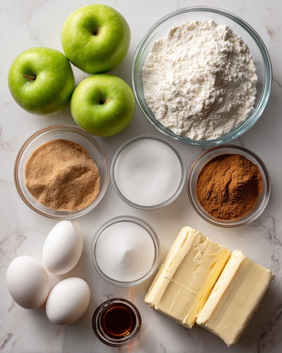 The image shows ingredients on a white marbled surface, all neatly arranged for baking. There are two whole green apples with smooth skin placed near the middle. A clear glass bowl holds white flour with a soft texture. A small glass cup contains white granulated sugar. A small clear bowl has a light brown mix of cinnamon and nutmeg. A cream cheese block with a creamy texture rests on the surface. Next to it are two smooth white eggs. A stick of yellow butter is segmented into parts. A little glass container holds vanilla extract with dark liquid. The setup looks clean and organized, ready for making a dessert photo taken with an iphone --ar 4:5 --v 7