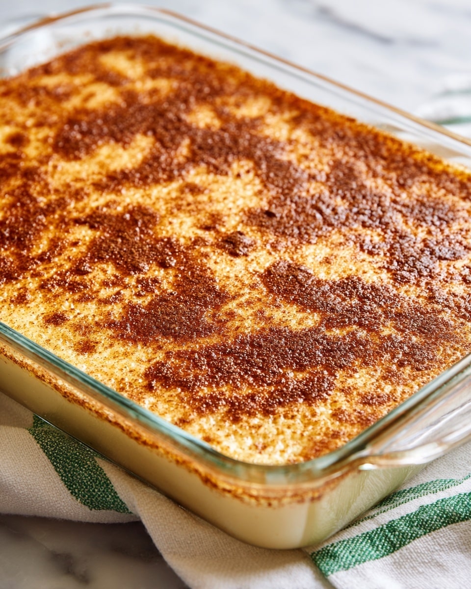 A close-up image of a baked dessert in a clear glass rectangular baking dish, with a single thick layer that is light golden brown with some darker brown spots. The top layer has a slightly bubbly and textured surface sprinkled with a dusting of cinnamon or a similar spice, giving it a speckled look. The edges appear slightly raised and crispier, contrasting with the softer, more uneven middle area. The background includes a white marbled texture under the baking dish, and part of a white cloth with green stripes is visible next to the dish. Photo taken with an iphone --ar 4:5 --v 7
