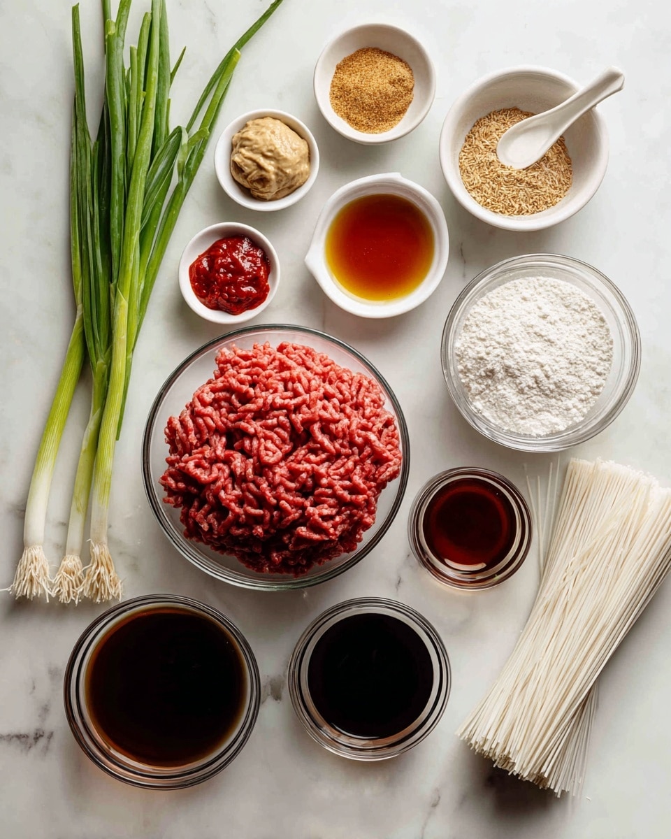 The image shows various ingredients neatly arranged on a white marbled surface. In the center, there is a small clear bowl filled with 1 pound of raw ground beef, with a pinkish-red color and coarse texture. Surrounding it in a circular pattern are small white bowls and clear containers holding different ingredients: light tan garlic paste and ginger paste in two small white bowls at the top left, bright red chili paste in a tiny white spoon-shaped bowl just below, and white cornstarch powder in a white bowl at the top right. To the right of the ground beef, a small white bowl contains amber-colored sesame oil, while brown sugar sits in a clear container with a grainy texture. Below, dark soy sauce and thick hoisin sauce are in separate clear containers, both with glossy surfaces. A transparent bowl near the bottom holds dark brown beef broth. On the left side, a bunch of fresh green onions with long green stalks and white roots lies flat on the surface. On the right bottom corner, a bundle of 8-ounce wide white rice noodles with straight, thin strands is placed. The text labels next to each ingredient describe their quantities. The photo taken with an iphone --ar 4:5 --v 7