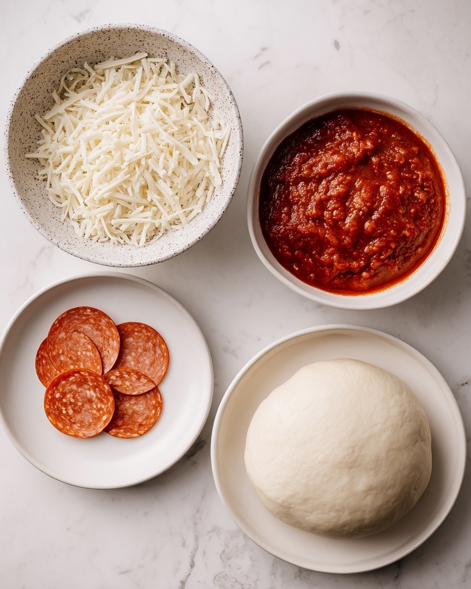 The image shows three separate white dishes placed on a white marbled surface. The first dish, in the top center, holds a thick, red tomato sauce with visible chunks. Below and to the left, a speckled bowl is filled with fine, shredded mozzarella cheese, looking soft and white. To the right of the cheese, there is a white plate with a stack of thin, round slices of pepperoni, each showing a mix of red and orange tones with a slightly textured surface. Below these three dishes, a larger white plate holds a smooth, round pizza dough ball, pale and slightly shiny. The arrangement is neat and each food item is clearly separated. Photo taken with an iphone --ar 4:5 --v 7