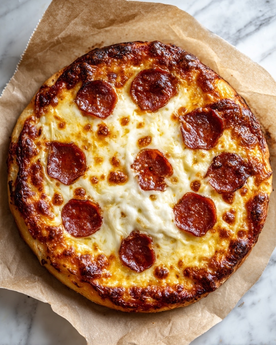 A round pizza with a golden-brown crust sits on brown parchment paper over a white marbled surface. The pizza has one main layer of melted cheese that is light yellow and creamy with browned spots. Spread evenly on top are slices of reddish-brown pepperoni, slightly crispy around the edges. The cheese glistens with small oily patches, giving a shiny texture across the pizza. The crust looks thick and soft with a cooked, bubbly edge, giving a warm and fresh look. photo taken with an iphone --ar 4:5 --v 7