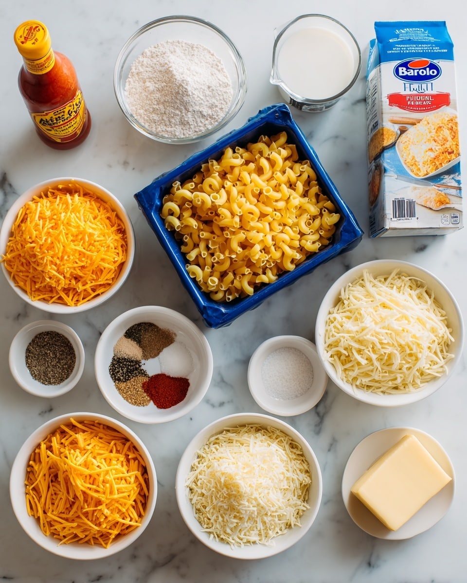 The image shows ingredients for cooking, arranged neatly on a white marbled surface. In the center, there is a blue box of Barilla elbow pasta with a clear window showing yellow macaroni inside. Surrounding the box are white bowls containing bright orange shredded cheddar cheese on the left, finely shredded white mozzarella cheese on the top right, grated parmesan cheese in a small bowl below the cheddar, and a solid pale cube of butter in a small bowl at the bottom right. Above the pasta box, a rectangular carton of chicken broth is visible, next to a bowl with white flour. On the left side, a small white bowl holds different dry seasonings in various shades of brown, cream, black, and red. A clear measuring cup filled with milk sits in the top left corner. A bottle of Cholula hot sauce with an orange-red label is placed next to the seasoning bowl. The whole setup is clean, organized, and photographed in natural light photo taken with an iphone --ar 4:5 --v 7