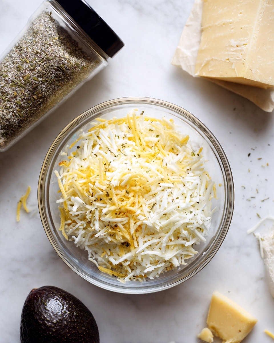 The image shows a clear glass bowl filled with a mix of finely shredded white and yellow cheese sitting on a white marbled surface. To the left of the bowl, there is a transparent container of everything bagel seasoning with a black lid, and near the top center, a whole dark avocado rests on the surface. In the top right corner, there is a small, irregular wedge of pale yellow hard cheese placed on the white marbled background. The overall scene is clean and simple with the white marbled texture visible underneath all the items. photo taken with an iphone --ar 4:5 --v 7