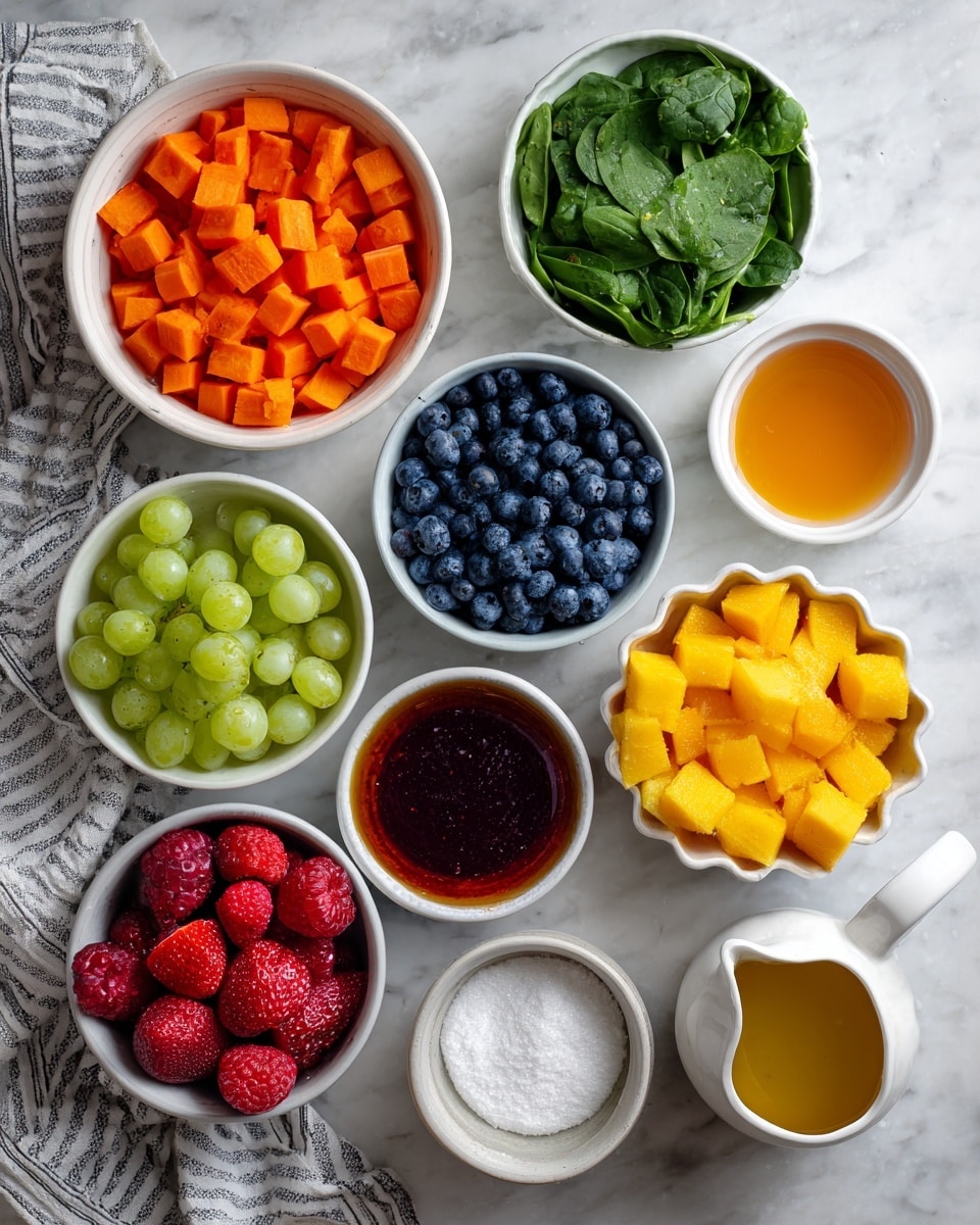 The image shows an overhead view of various ingredients placed in white bowls and a small white pitcher, all arranged on a white marbled surface. There are bright orange diced carrots in one bowl, light green diced zucchini in another, deep blue blueberries in a third, and dark red cubed beets in another. A bowl of fresh green spinach leaves and another containing light green grapes add more color variety. There are also bowls with chopped yellow-orange peaches and bright red strawberries. In the middle, a scalloped bowl filled with a white powdery substance labeled gelatin sits beside a small bowl of dark amber honey and an even smaller bowl with brown vanilla extract. A small white pitcher contains golden-colored apple juice, and a folded striped cloth napkin lies near the bottom left of the arrangement. The picture captures the fresh and colorful ingredients clearly, photo taken with an iphone --ar 4:5 --v 7