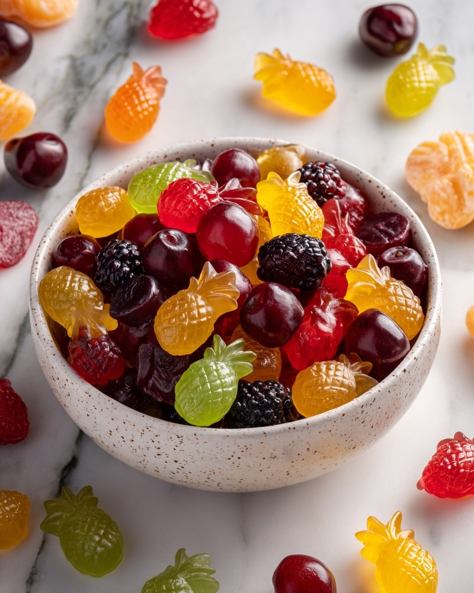 A white speckled bowl is filled with small, shiny gummy candies shaped like orange pineapples, green apples, dark purple blackberries, and red cherries. The gummies have a smooth, slightly translucent texture that catches the light, making them look fresh and colorful. The bowl sits on a white marbled surface, with some fruit and candies scattered around it, adding more color to the scene. Photo taken with an iphone --ar 4:5 --v 7