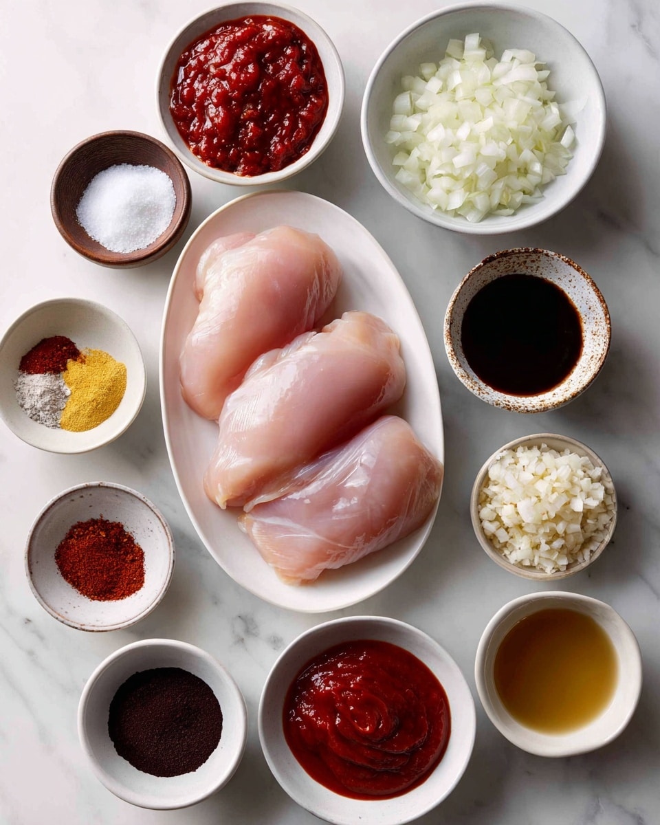 The image shows an overhead view of several small white bowls and dishes arranged on a white marbled surface, each holding different ingredients around a white oval dish with three raw chicken pieces. In the center, the white oval dish holds three smooth, pink chicken pieces layered slightly overlapping. Above the chicken, there is a bowl with thick red tomato paste, and next to it on the right is a dark brown Worcestershire sauce in a small bowl with a rough edge. To the right of the chicken, a white bowl holds finely chopped white onions, and below it, small bowls contain white sea salt, yellow mustard, and finely minced garlic. On the left side, from top to bottom, small brown dishes hold deep red paprika powder, dark reddish chili powder, black ground pepper, dark molasses, and a small textured bowl with dark tamari or soy sauce. Near the bottom left, a white bowl contains smooth red tomato sauce, and to its right, two small bowls hold golden apple cider vinegar and light brown brown or coconut sugar. The ingredients are neat, vibrant in color, and arranged cleanly, emphasizing a variety of spices and sauces around the chicken. Photo taken with an iphone --ar 4:5 --v 7