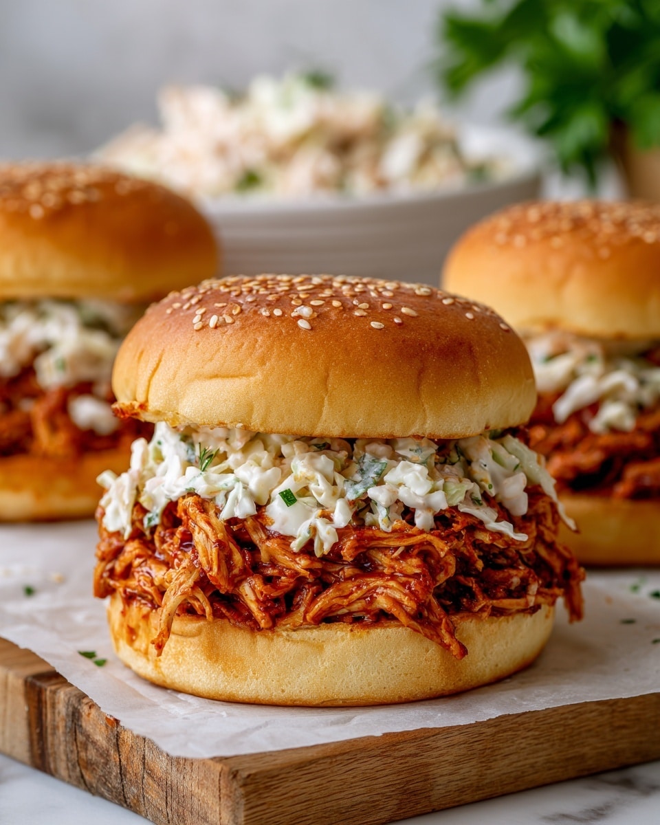 The image shows a close-up of a sandwich with three clear layers on a piece of white paper over a wooden table. The bottom layer is a soft sesame seed bun with a light golden color. On top of the bun is a thick layer of shredded, reddish-brown saucy pulled chicken that looks juicy and tender. Above the chicken is a creamy coleslaw with white and light purple shredded cabbage mixed finely, covering the chicken. The sandwich is topped with the other half of the sesame seed bun, golden and covered with sesame seeds. In the blurred background, another similar sandwich and a white bowl with more shredded chicken are visible, all set on a white marbled surface with some green herbs for decoration. photo taken with an iphone --ar 4:5 --v 7