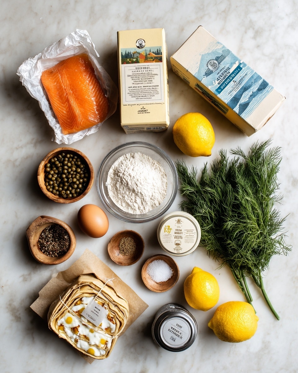 The image shows a flat lay of various ingredients arranged neatly on a white marbled surface. There is a package of smoked salmon at the top left with visible orange slices inside, next to a box of cream cheese at the top right. Between them, a whole bright yellow lemon and a bunch of fresh dill placed. Below these, a small bowl of capers sits near a clear glass bowl filled with white flour. To the left of these bowls is a single brown egg, and near it, small wooden bowls containing ground pepper and salt. At the bottom is a box of puff pastry sheets with a picture of layered pastry with cream and fruit on it. Also placed near the center is a small metal ring mold and a container labeled everything bagel seasoning. All items are placed carefully and clearly labeled. Photo taken with an iphone --ar 4:5 --v 7