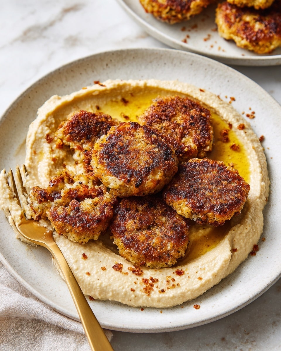 On a white plate with a white marbled surface underneath, there is a thick layer of creamy, light beige hummus spread in a circular shape along the edge of the plate. On top of the hummus, five golden-brown, round patties with a crispy outer texture are arranged in a close group. The patties have a slightly uneven, crunchy surface with a mix of darker and lighter brown spots from cooking. A gold and white fork rests on the edge of the plate, partially touching the hummus, and a blurred plate with more patties is visible in the background. Photo taken with an iphone --ar 4:5 --v 7