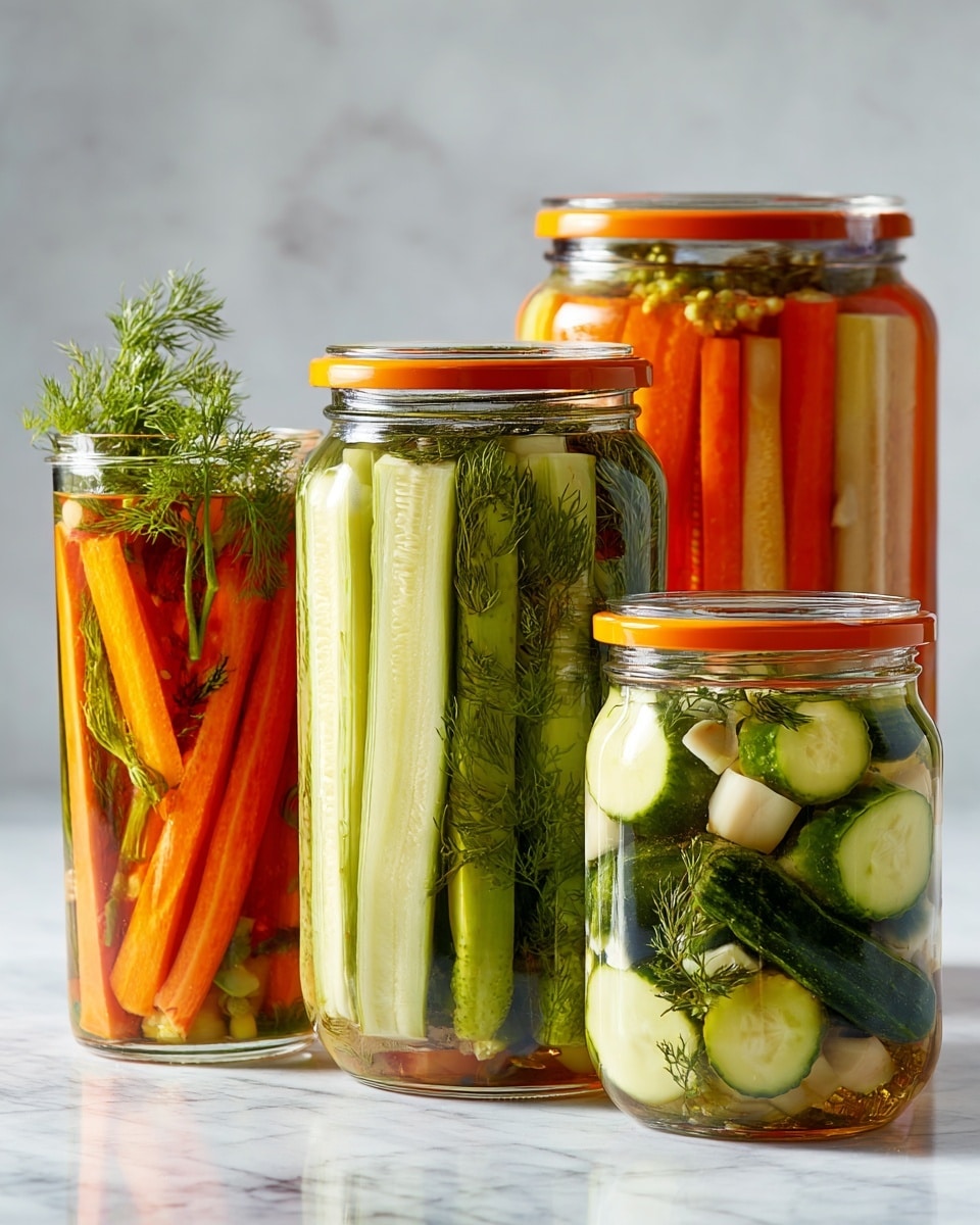 Four glass jars filled with pickled vegetables sit on a white marbled surface. The closest jar is large and tall, filled with thick sticks and slices of light and dark green cucumbers mixed with small white pieces and sprigs of fresh dill, all submerged in clear liquid. Next to it, on the left, is a wide but shorter jar with bright orange carrot sticks standing upright with a green dill sprig inside, also in clear liquid. Behind these two jars are another two jars; one tall jar with orange carrot slices packed inside and visible dill at the top, and the smallest jar filled with round cucumber slices layered with dill, both also floating in clear pickling liquid. The jars have silver or orange lids, and the scene is brightly lit. photo taken with an iphone --ar 4:5 --v 7