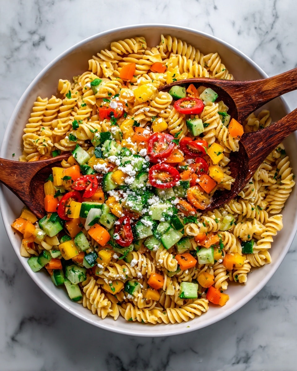 A large white bowl filled with three layers of rotini pasta mixed with colorful diced vegetables. The bottom layer is spiral-shaped light yellow pasta, topped with a layer of small, finely chopped green cucumbers, orange and red bell peppers, and diced yellow bell peppers. Cherry tomato halves in bright red are scattered evenly on top, adding pops of color. Small white crumbles of cheese are sprinkled throughout the dish. Two dark wooden spoons are placed on top in the center, one holding a mix of pasta and vegetables with a cherry tomato half visible. The bowl sits on a surface with a white marbled texture. Photo taken with an iphone --ar 4:5 --v 7